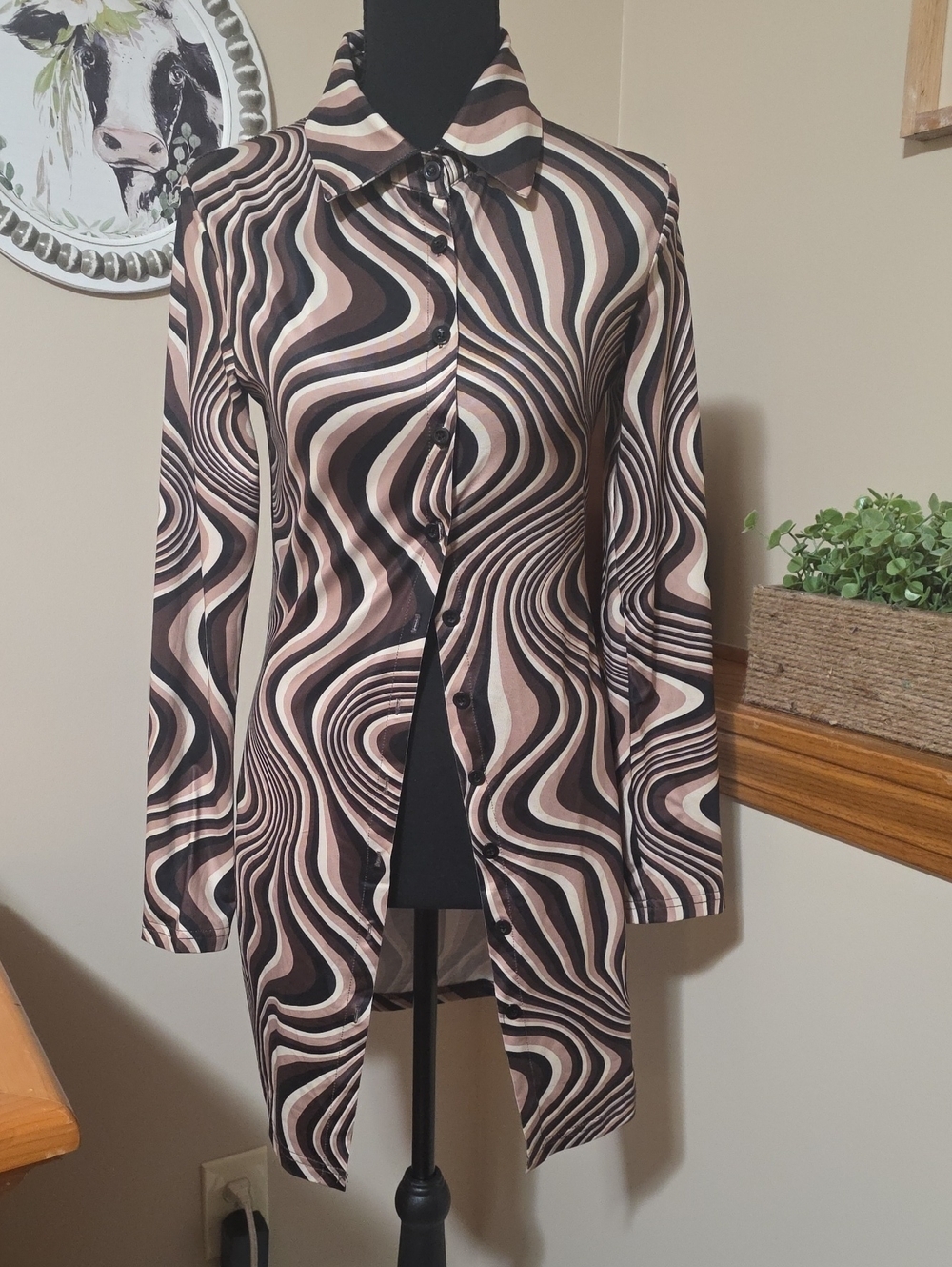 Womens Mini Dress Shirt - Black & Taupe Swirl